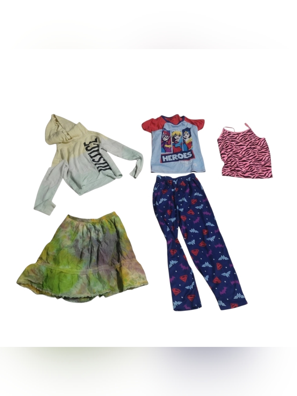 Girls Mixed Outfit Bundle - Colorful Skirt, Superhero Pajama Pants, Tops